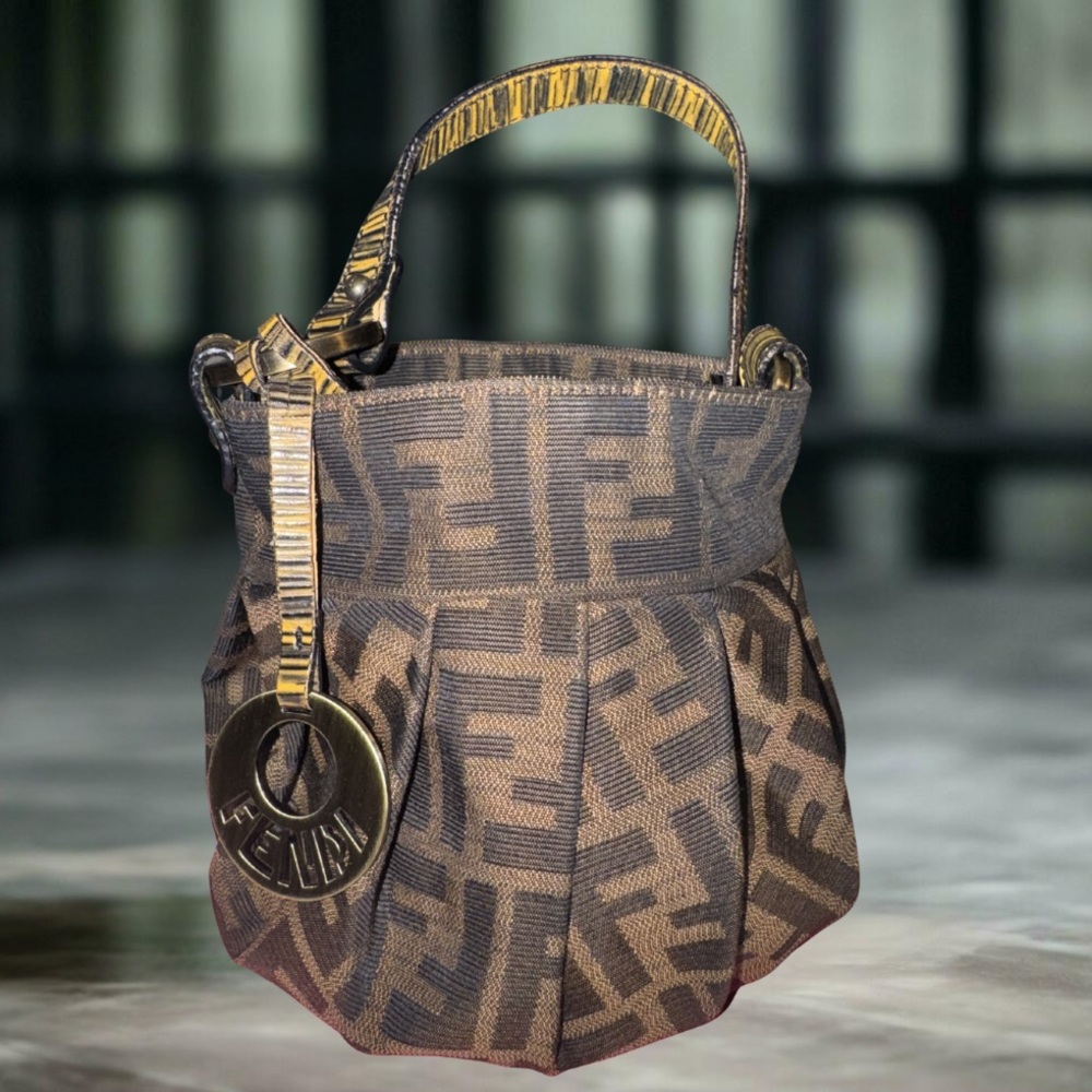 Fendi Brown FF Jacquard Pleated Shoulder Bag with Gold Charm
